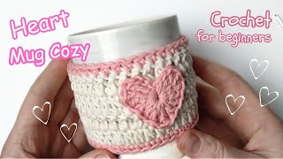 Crochet Mug Cozy with heart. Free crochet pattern for beginners. Mother's Day Crochet gift idea.