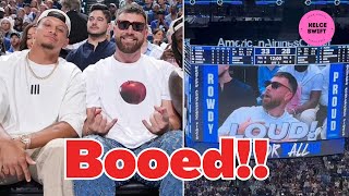 Travis Kelce is BOOED in Dallas after rocking up at Mavs-Timberwolves with Patri