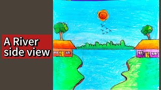 নদীর পাড়ের দৃশ্য আঁকা || Riverside scenery drawing by kidz || oil pastel color drawing ||