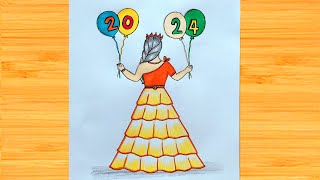 New year Drawing 2024 | new year drawing |Happy New year drawing easy | girl drawing