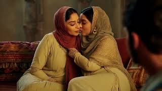 Two curvy Muslim women sharing a romantic moment as they kiss each other intimately.