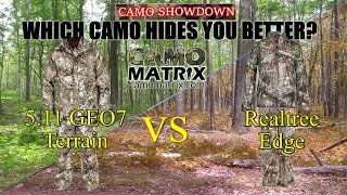 Compare 5.11 GEO7 Terrain VS Realtree Edgee with simulated deer vision on 14 Backgrounds.