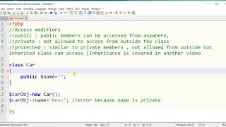Access Modifiers in PHP Object Oriented (Code)