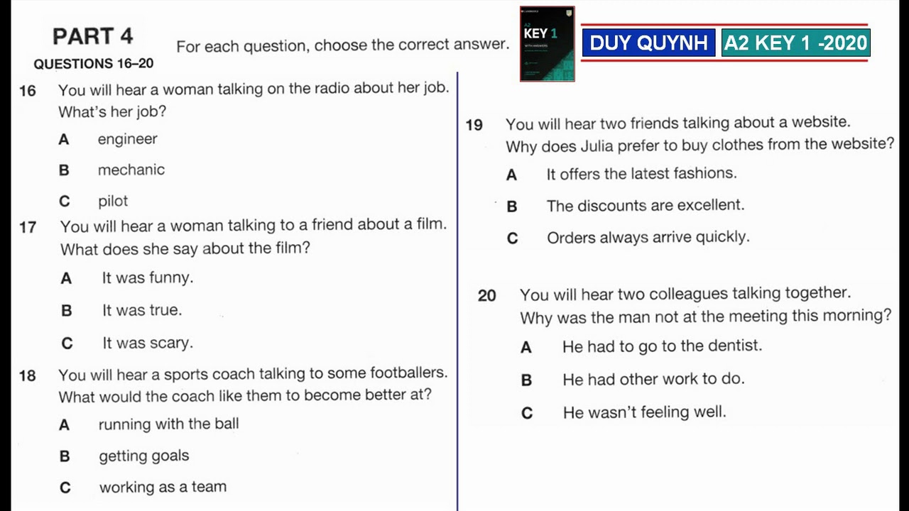A2 Key 1 2020 Test1 Part4 2020 Youtube