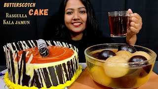 Eating Butterscotch Cake + Nolen gur Rasgulla + Kala Jamun + Black Tea || Mukbang ASMR Cake