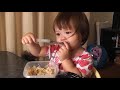 asuka trying to eat her mother s breakfast with a large spoon.