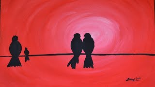 Painting love birds - easy silhouette - poster color