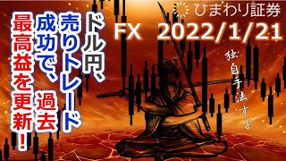 FX【ドル円予想】売りトレード成功で過去最高益を更新！そして今は売り買いどちらが有利なのか？【ローソク足トレード手法】2022年1月21日