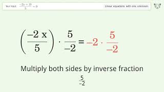 Linear equation with one unknown: Solve (-2x+10)/5=0 step-by-step solution
