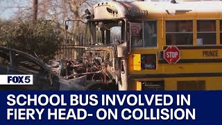 School bus involved in fiery head-on collision in Prince George's County; driver of car fled scene