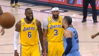 Anthony Davis and LeBron James taunt Dillon Brooks after AD blocks his shot into
