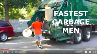 Fastest garbage men New York running fast in August arount their trash truck