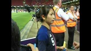 Japan's elegant left back Aya Sameshima talks to her parents after the 2-0 win vs Brazil 03/08/12