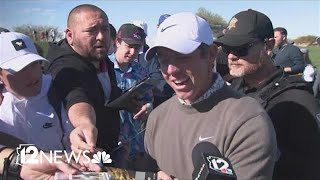 Rory McIlroy talks about Larry Fitzgerald's golf game and shares his Super Bowl Pick