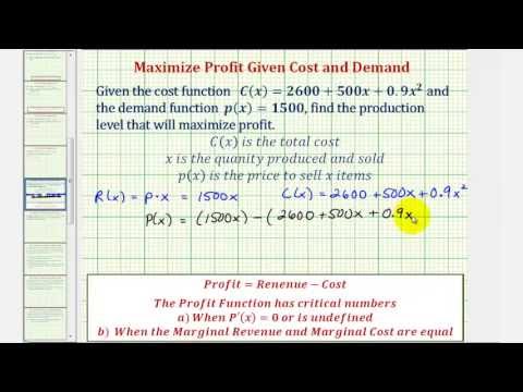 Ex: Given the Cost and Demand Functions, Maximize Profit Ex: Given the Cost and Demand Functions, Maximize Profit