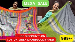 Mega Sale | Heavy Discount on Linen, Cotton \u0026 Handloom Sarees |  Discounts On Latest Designer Sarees