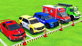 TRANSPORTING DACIA, GMC MEGAS, FORD POLICE CAR AMBULANCE EMERGENCY TRANSPORTING! FS22