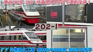 【本日、東武200系「りょうもう」202F 検査出場から1か月 ようやく運用復帰！】館林ワンマン8000系 8562Fは、屋内車庫で通電中。デジタル無線化工事もう完了？