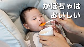 【生後6ヶ月】離乳食でかぼちゃをおいしそうに食べる赤ちゃん