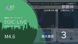 【最大震度3】釧路沖 / M4.6 深さ70km / 2024年8月04日 22時19分 / EGIC-LIVE