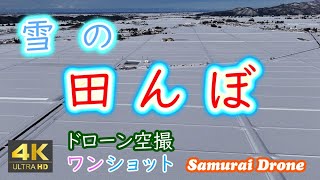 雪の田んぼ　冬　大きな棚田が広がる白銀の世界　雪景色の二王子岳、遠くに角田山・弥彦山・粟島まで　新潟県新発田市　【ドローン空撮４Ｋ絶景映像】ワンショット60fps　２０２５年０１月１２日