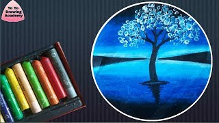 Magical Tree Landscape Drawing with Oil Pastels - Step by Step || Cotton Bud Trick