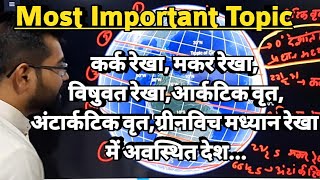 कर्क रेखा, मकर रेखा, विषुवत रेखा,आर्कटिक वृत,अंटार्कटिक वृत,ग्रीनविच मध्यान रेखा में अवस्थित देश...