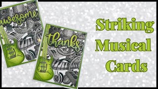 Striking musical Cards using the Musical Embossing Folder and stencil set from Lisa Horton Crafts