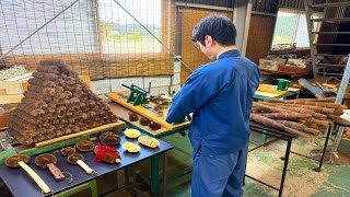 The process of making traditional Japanese scrubbers. mother craftsman and son's amazing skills