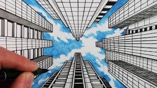 How to Draw 1-Point Perspective: Draw Buildings and Sky