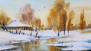 Beautiful watercolor winter landscape painting process