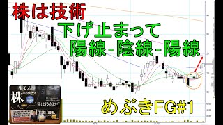 株は技術　下落後、5日線の上に陽線-陰線-陽線とロウソク足が並んだので上昇を期待して買ってみた　ショットガン投資法　めぶきFG#1