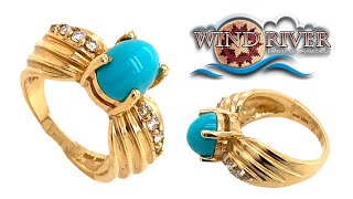 Fine Designer 14K Solid Gold Diamond \u0026 Sleeping Beauty Turquoise Cabochon Ring