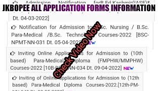 Jkbopee All 2022  Admission Application Forms Dates Notification Bsc nursing/Paramedical Last Date