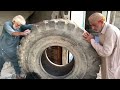 Old Man Repairing A Huge Old Tire Sidewall  Amazing Repairing of Monster Tire