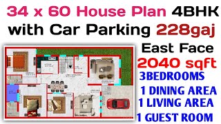 34 x 60 (228 gaj) House Plan || 4BHK With Car Parking || 2040 sqft House Design (Hindi/Urdu)