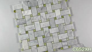 Marble Online - Carrara White Marble 1x2 Basketweave Mosaic Tile w/ Green Jade Dots Honed