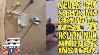 Never put screws into drywall. Use a hollow wall anchor instead.