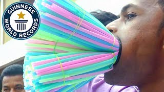 Most straws stuffed in the mouth - Guinness World Records