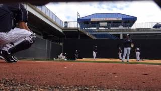 Yankees closer Aroldis Chapman throws to catcher Gary Sanchez