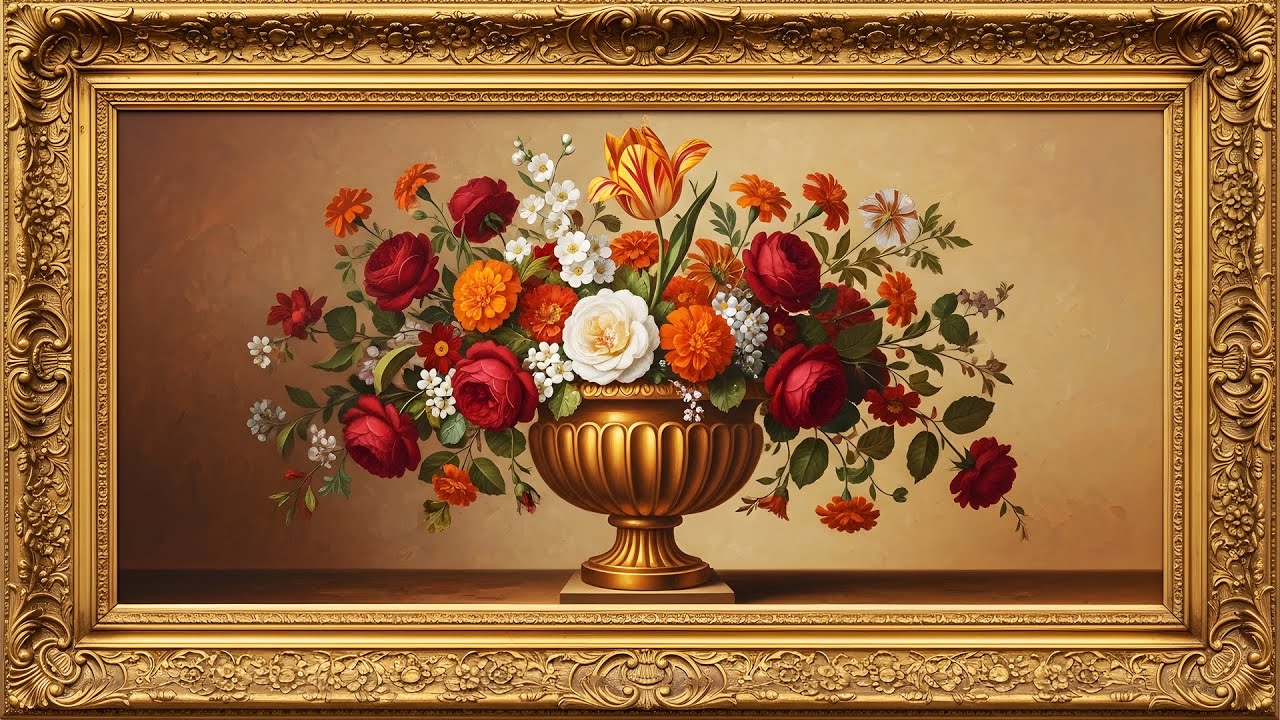 4k Vintage Floral Elegance Gold Frame Tv Art Classical Wall Display