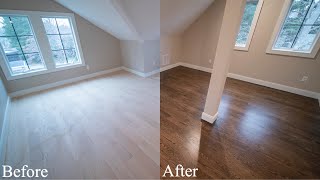 DuraSeal Dark Walnut stain on red oak hardwood floor. 2 coats Bona Mega satin on top.