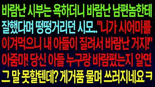 사연열차바람난 시부는 욕하더니, 바람난 남편은 잘못한 거 없다는 시모   니가 시어미를 이겨먹으니 내 아들이 질려서 바람난 거지!  정신나간 시모 참교육 들어갑니다  #실화사