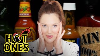 Drew Barrymore Has a Hard Time Processing While Eating Hot Wings | Hot Ones
