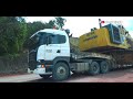 aksi truck scania r580 matic muatan 125 ton excavator komatsu pc1250 mobilisasi alat berat