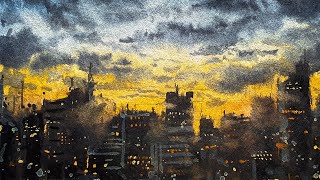 Watercolor Sunset Cityscape Tutorial for Beginners ~ Skyline in Watercolor