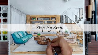 How To Draw A Living Room In One Point Perspective | Step By Step