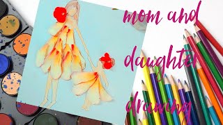 MOM DAUGHTER DRAWING USING NATURAL FLOWERS 🌺🥰 | EASY DRAWING