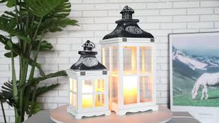 JHY DESIGN Set of 2 White Wood Decorative Candle Lanterns 21.5\