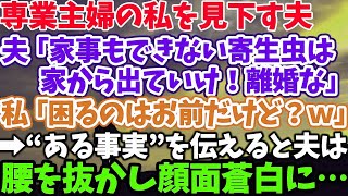 【スカッとする話】専業主婦の私を見下す夫 夫「家事もできない寄生虫は家から出ていけ！離婚な」 私「困るのはお前だけど？ｗ」 →ある事実を伝えると夫は腰を抜かし顔面蒼白に…【修羅場】